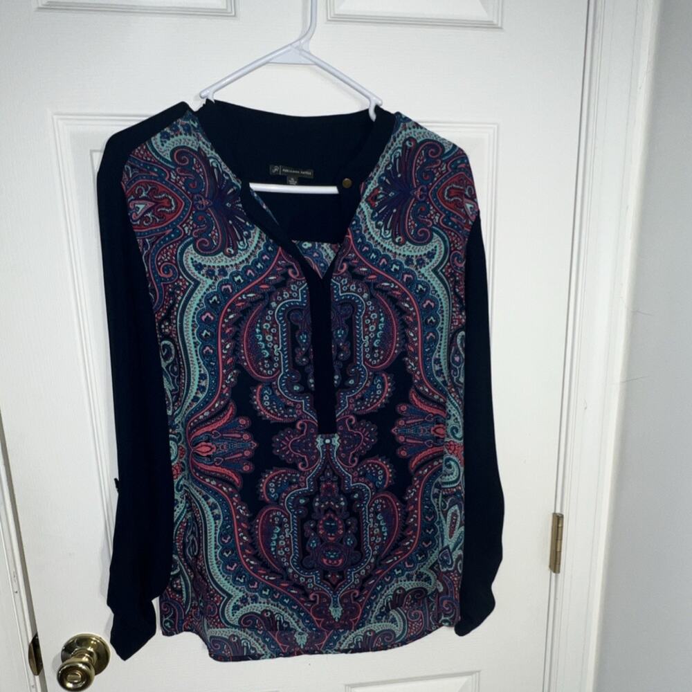 Adrianna Papell Paisley Button Long Sleeve Blouse XL Blue Pink Navy
